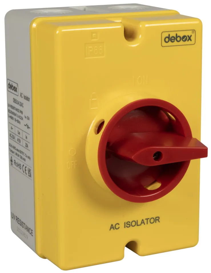 A photo of Yellow Debox AC isolator switch. It_s one of air conditioning unit parts with red handle, IP66 rated
