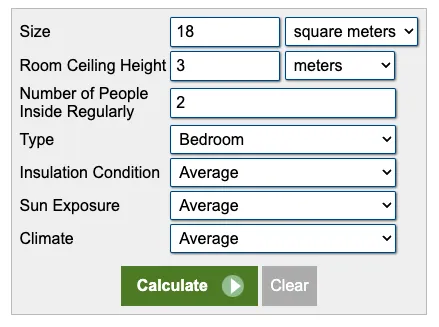 Online calculator for the air conditioner sizing