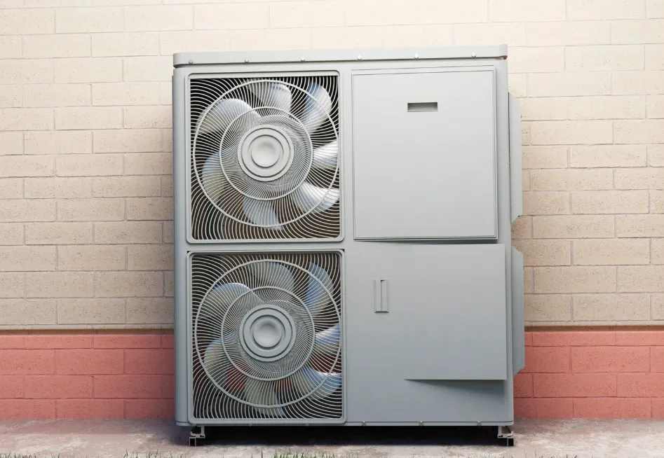 An outdoor AC condenser unit against a wall