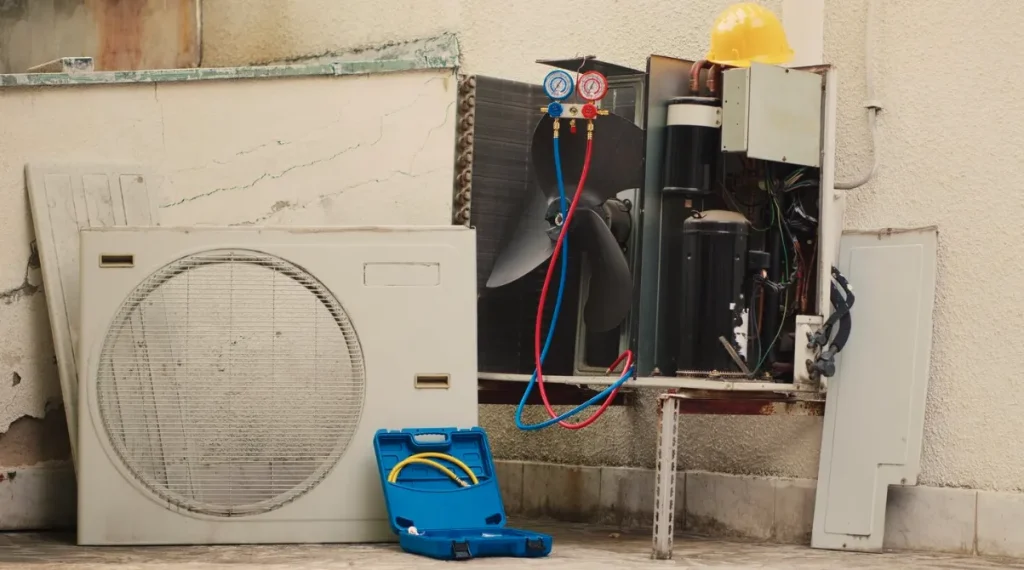 Close-up of AC maintenance with pressure gauges and tools on an outdoor unit