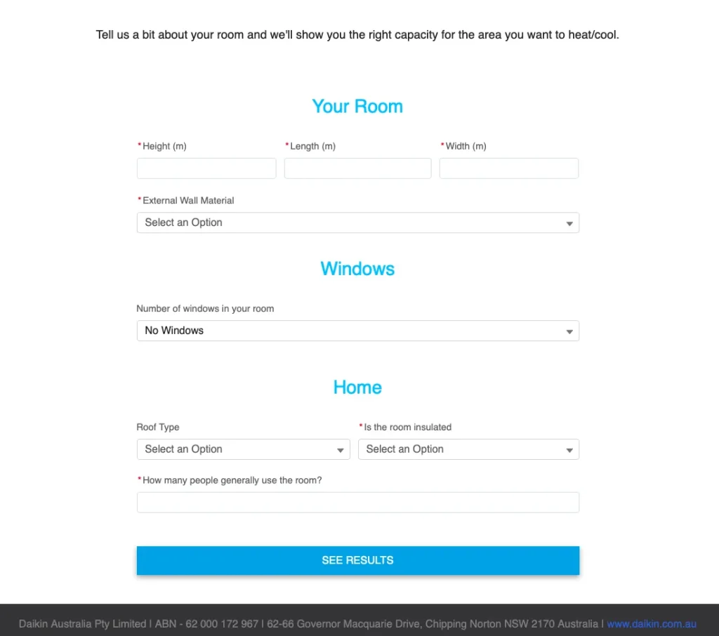 A web page of an AC cooling load calculation of an AC brand