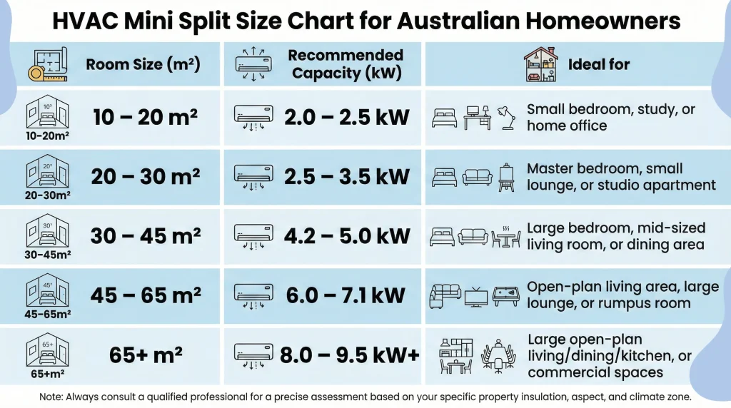 Mini split sizing chart showing recommended kW capacity by room size for Australian homeowners