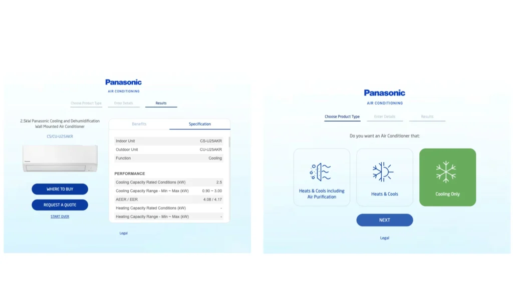 Panasonic online wizad to check BTU size for proper cooling and model recommendations
