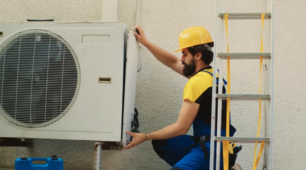 A technician in protective gear checking the electrical connections of a new 4 ton AC unit during professional installation