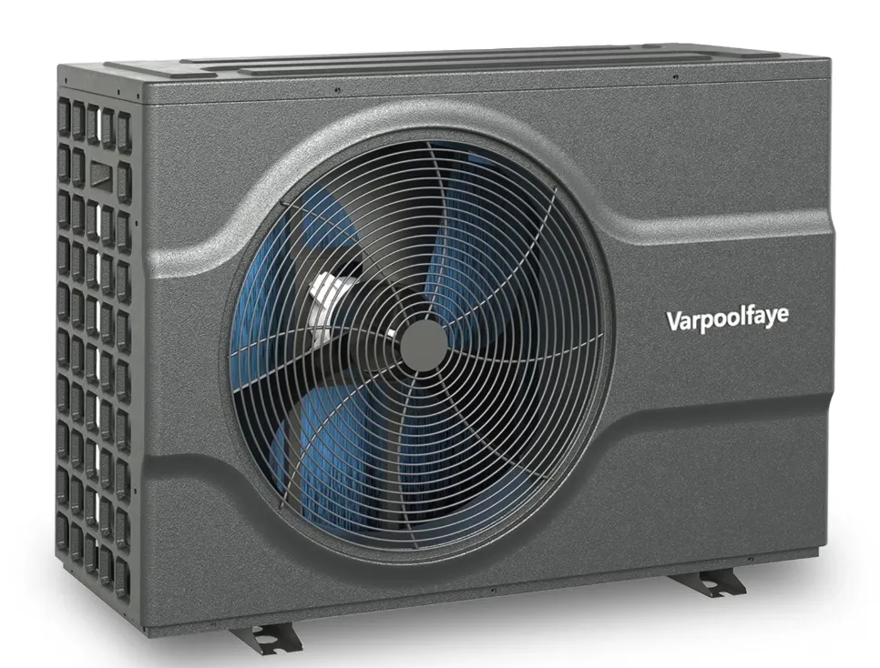 A modern grey inverter heat pump is quite efficient to heat a pool