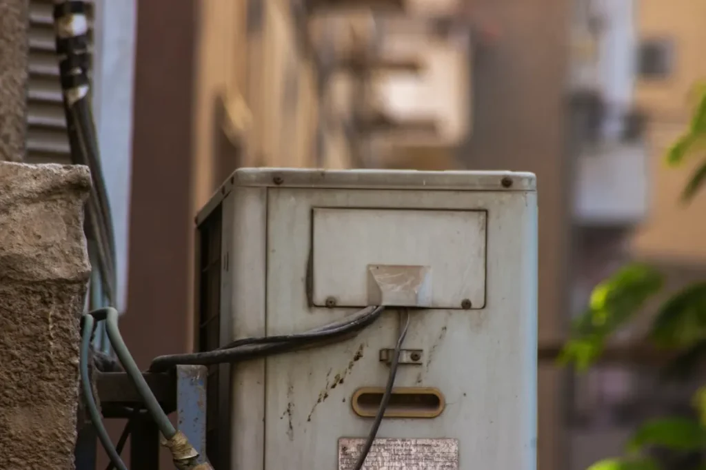Close-up of a weathered outdoor HVAC system highlighting the importance of seasonal HVAC maintenance