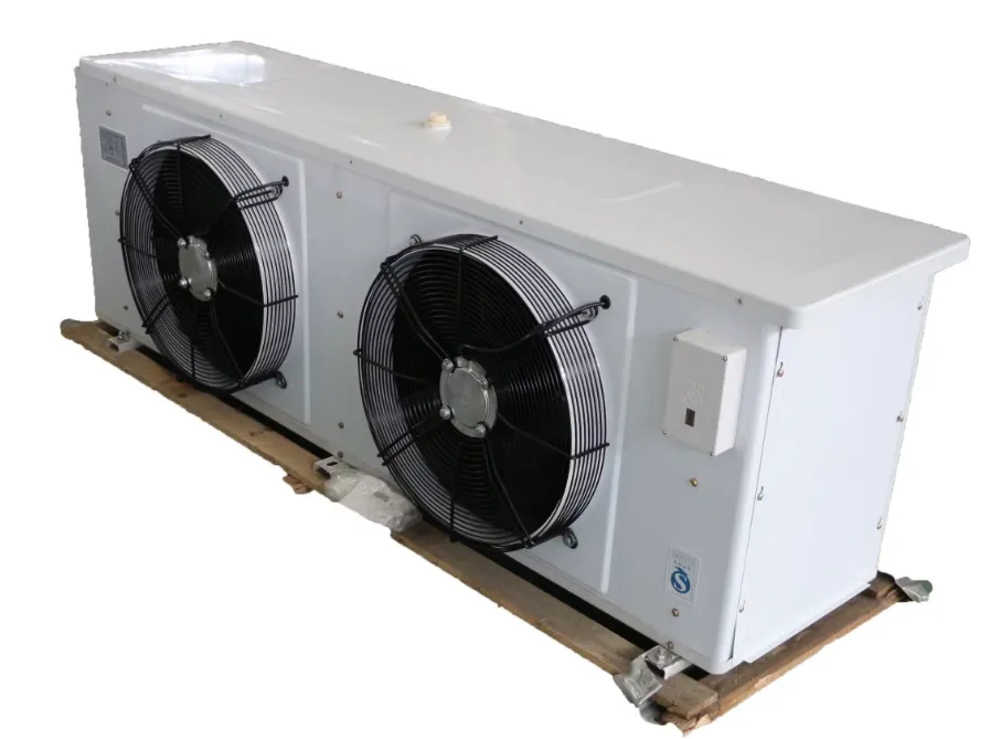 Commercial evaporative condenser with dual front-facing fans mounted on a timber pallet