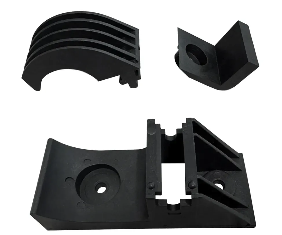 Heavy-duty black plastic roof mounting brackets for securing panels, a vital factor in solar pool heating system