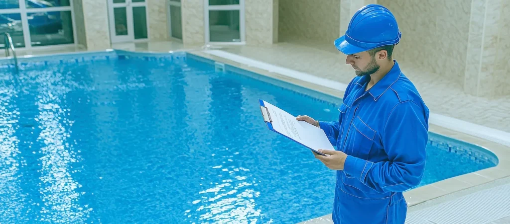 professional in blue uniform inspecting an indoor swimming pool and planning how to heat a pool for winter use