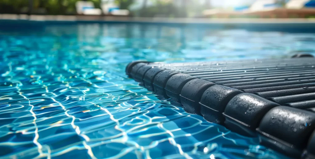 Close-up of a black solar heating mat floating in a pool
