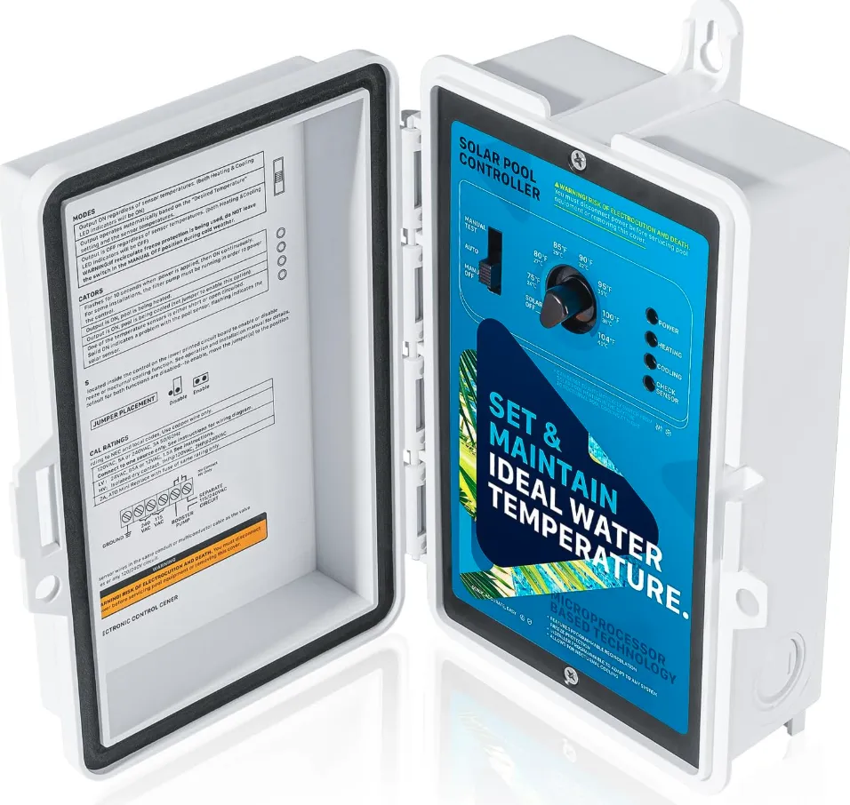 Open digital solar pool controller box showing temperature dials