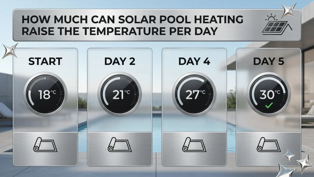 How much can solar pool heating raise the temperature per day