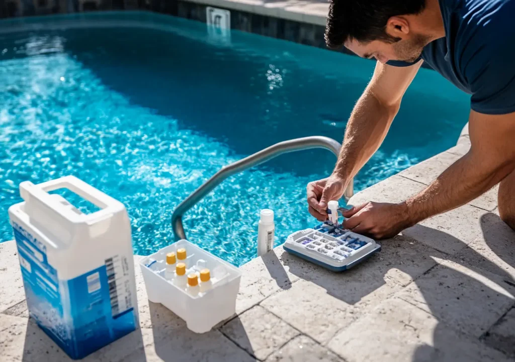Testing pool water with chemical kit near swimming pool