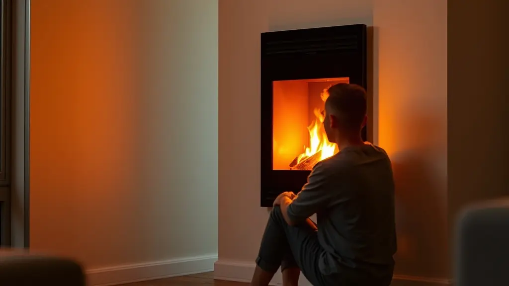 A man sitting by modern gas fireplace