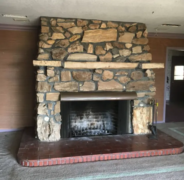A wood fireplace
