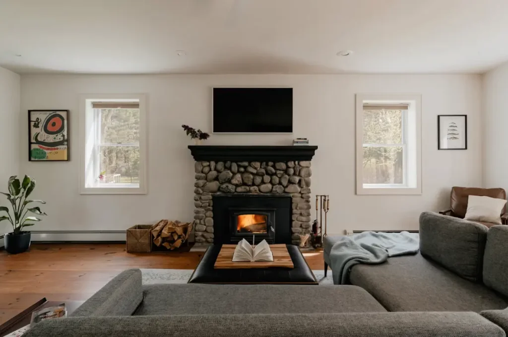 A gas fireplace in the living room