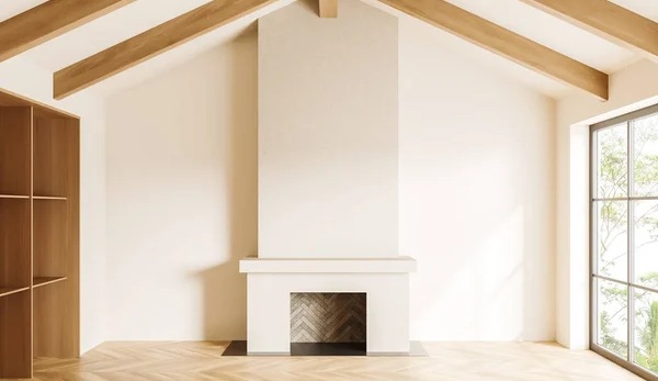 An empty living room interior with fireplace and hardwood floor