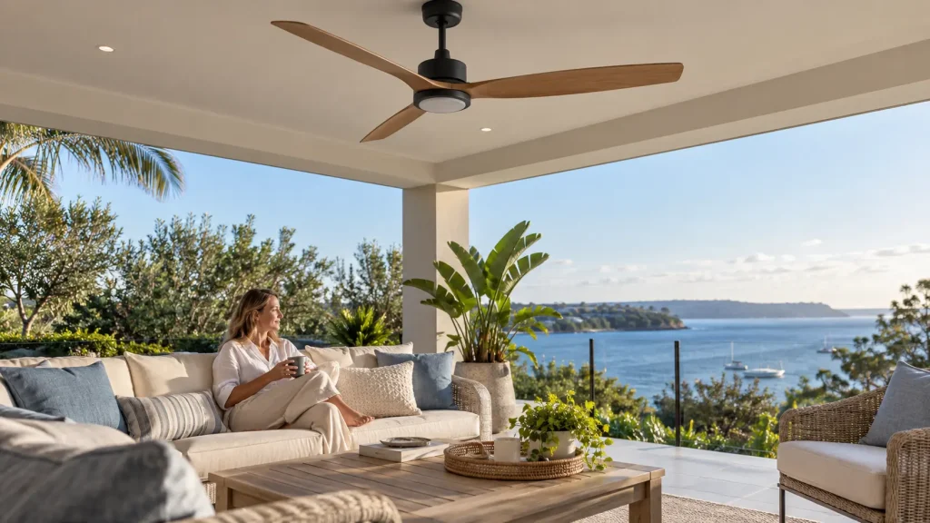 Ceiling fan above a covered outdoor seating area