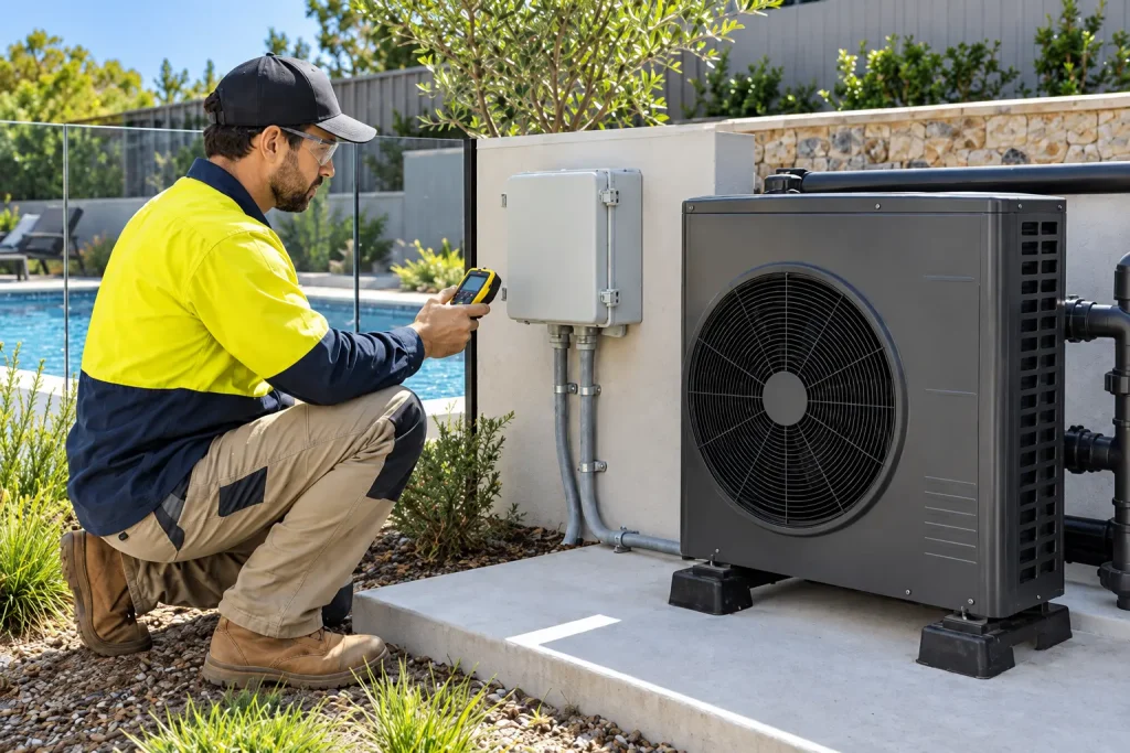 Electrician connecting pool heat pump equipment