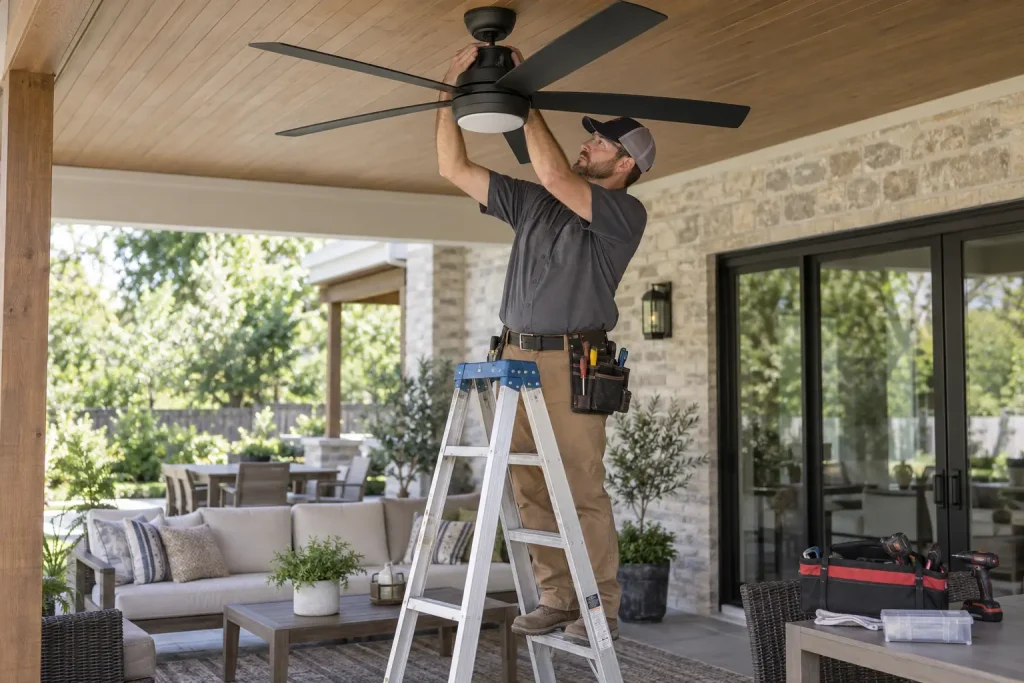 Electrician installing an outdoor ceiling fan