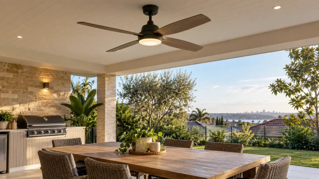 Fan and light over a covered patio dining area