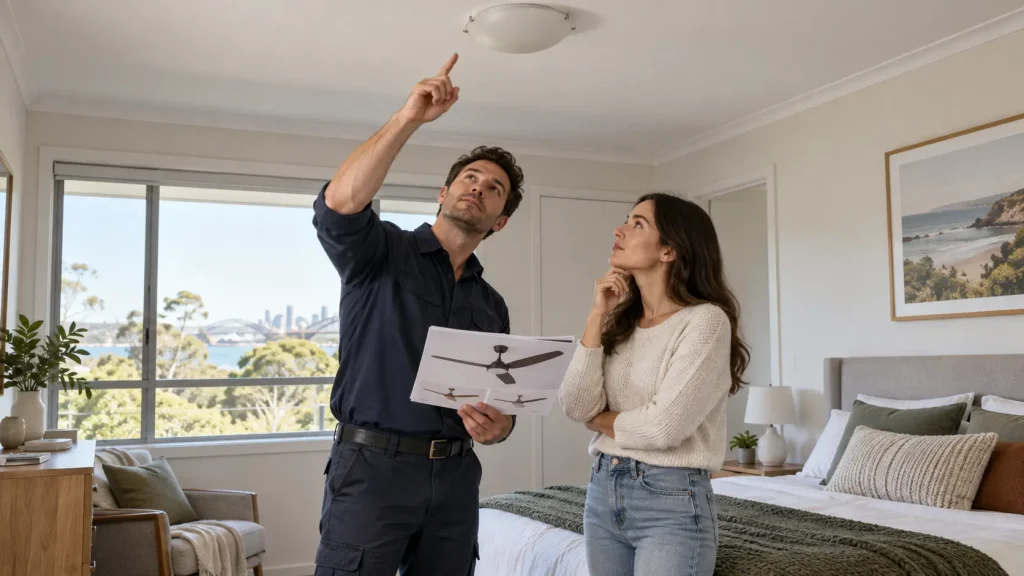 Homeowner discussing a ceiling fan point with an electrician