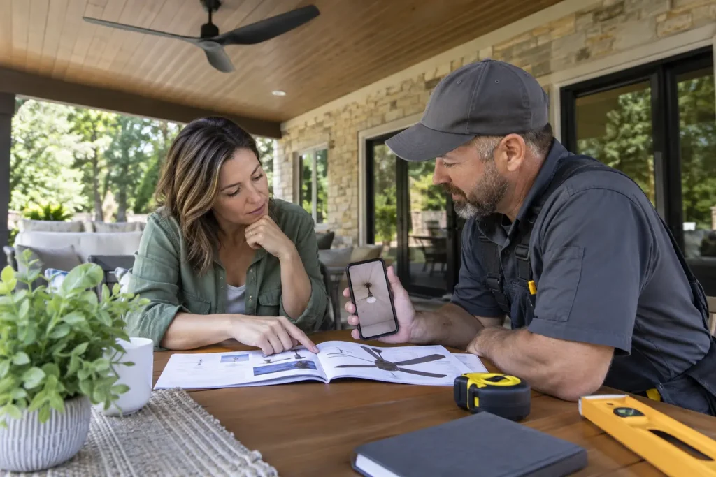 Homeowner reviewing fan details with an electrician