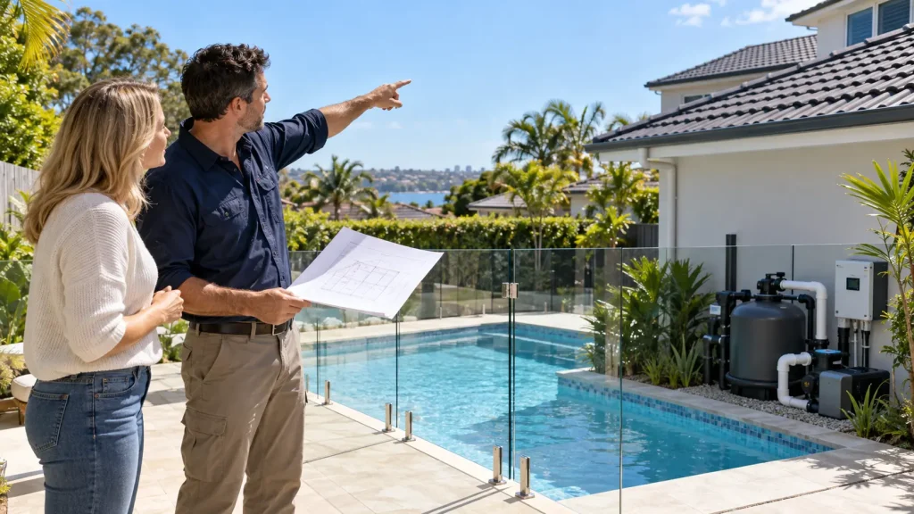Installer assessing a pool and roof with a homeowner