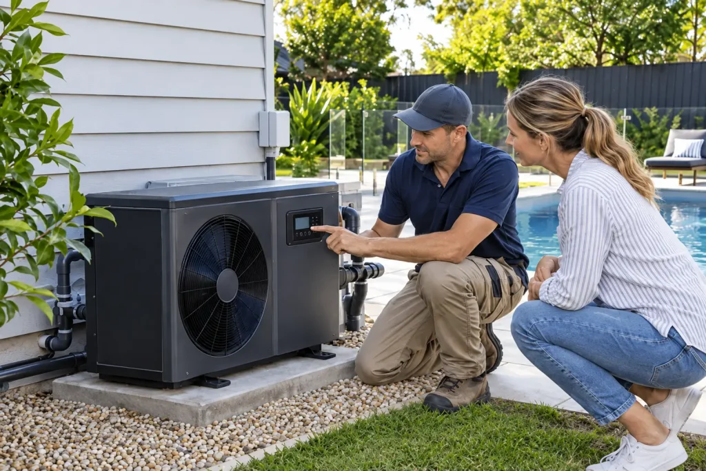 Installer demonstrating pool heat pump controls