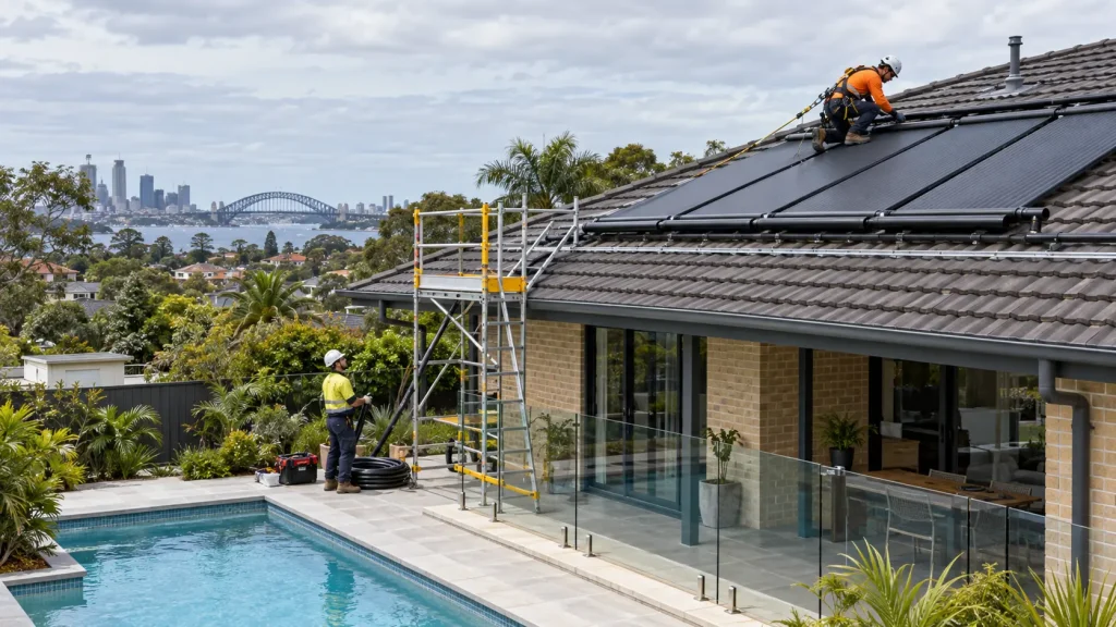 Qualified installers mounting solar pool collectors